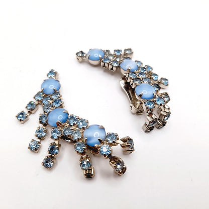 Vintage Blue Rhinestone Ear Climber Earrings Clip On Silver Tone Mid Century