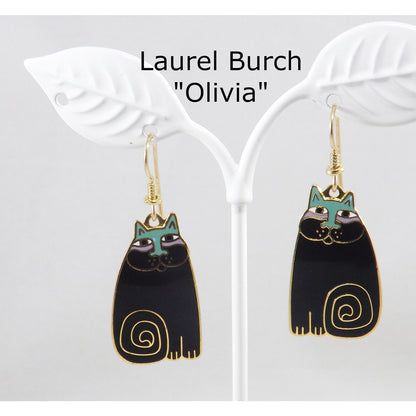 Laurel Burch "Olivia" Cat Earrings, Gold Plated, Black Enamel, 1980s Vintage