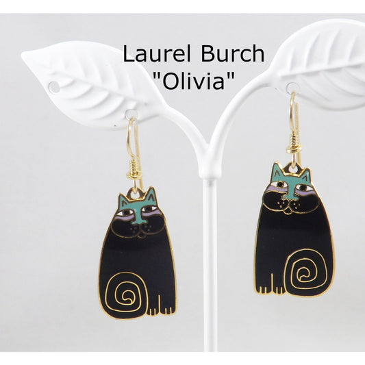 Laurel Burch "Olivia" Cat Earrings, Gold Plated, Black Enamel, 1980s Vintage