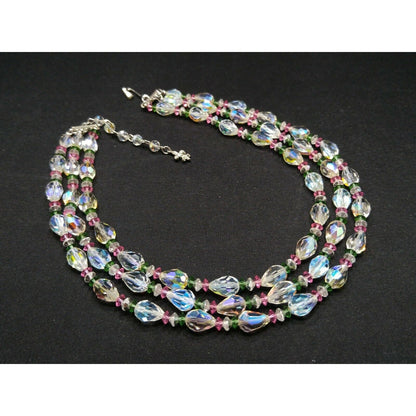 Vendome Crystal Aurora Borealis Pastel Beaded Necklace, 3 Strands Pink Green Crystal Beads, 1960s Vintage Jewelry
