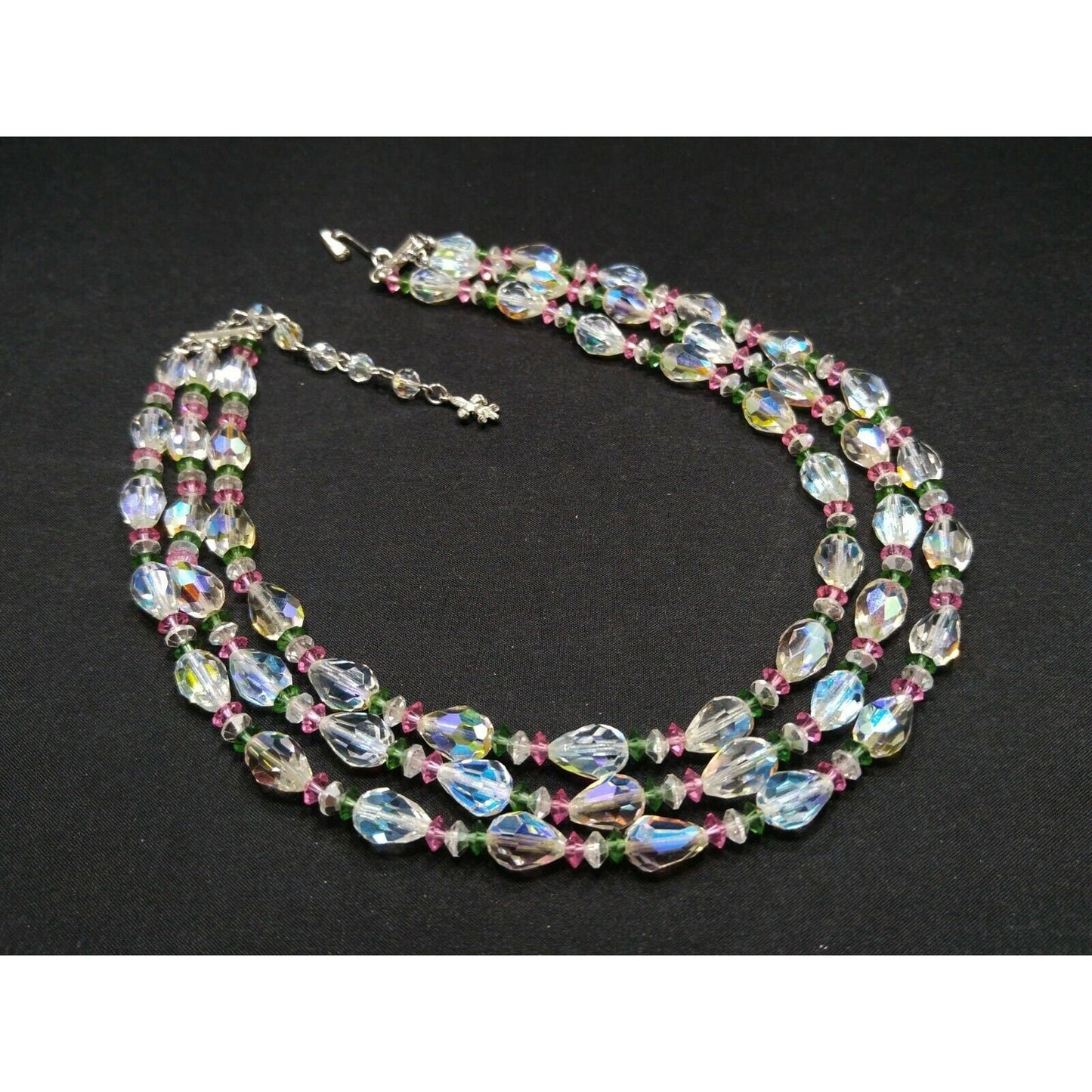 Vendome Triple Strand AB Crystal Necklace Pastel Pink Green Beads Vintage 1950s