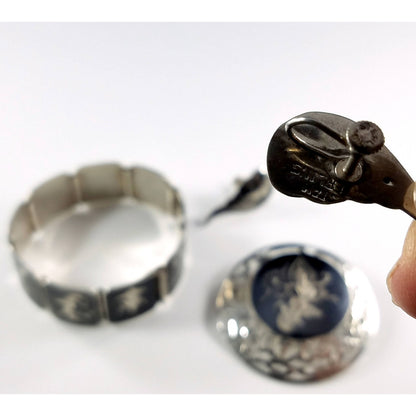 Vintage Siam Sterling Niello Silver Bracelet Brooch Earrings Set Mekkala Goddess