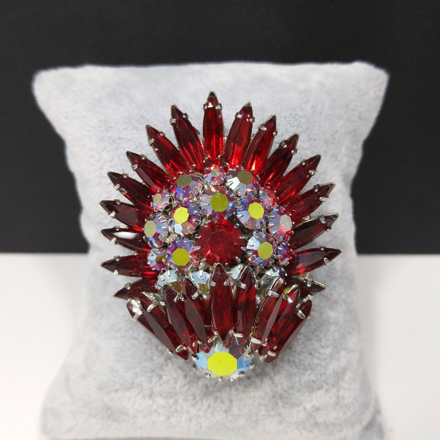 Ruby Red Rhinestone Navette Brooch, Unsigned Designer Beauty, Rhodium Plated, 1960s Vintage Jewelry