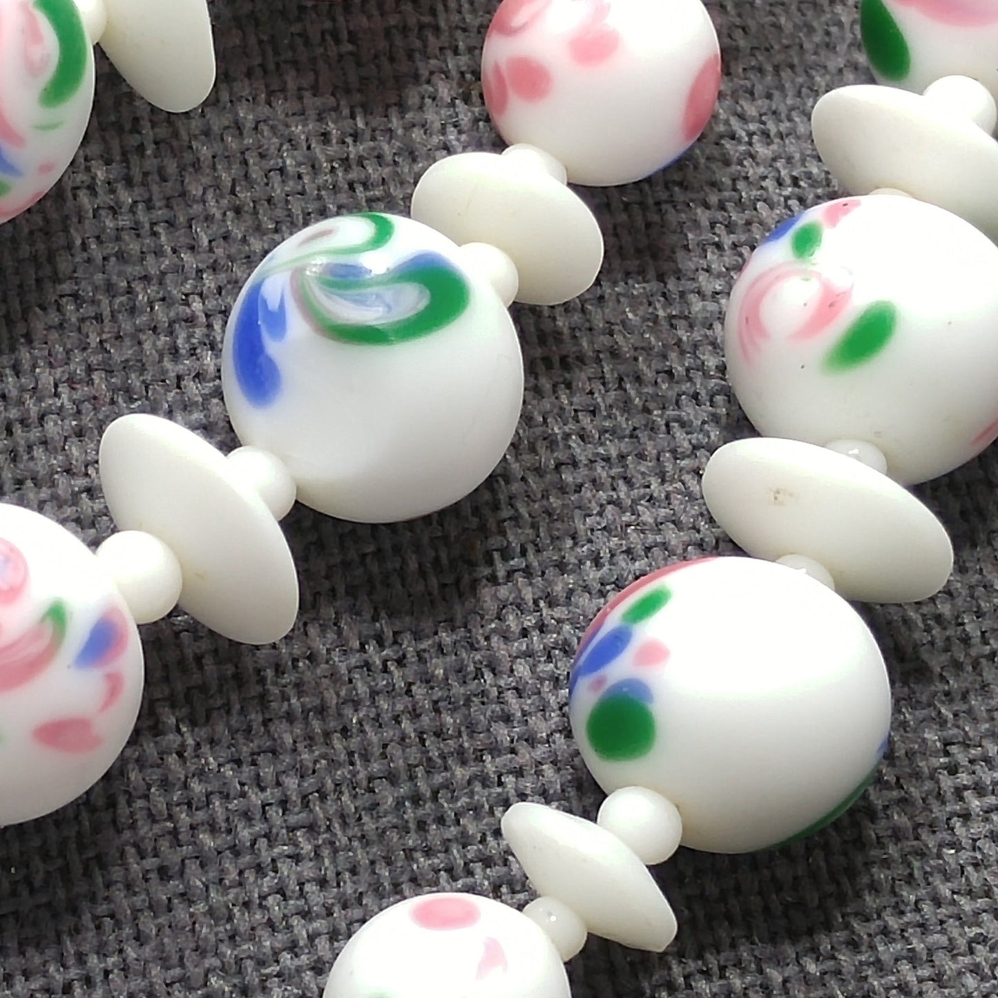 Czech Hand Painted Floral Ceramic Beaded Necklace, 48 Inches, 1930s Vintage Jewelry