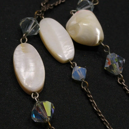 Liz Palacios S.F. White Shell & Crystal Long Necklace, 42 Inch Layering Necklace, Vintage Jewelry