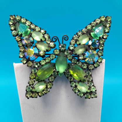 Vintage Weiss Butterfly Brooch, Green Aurora Borealis Rhinestones, Japanned Finish, 1950s Jewelry