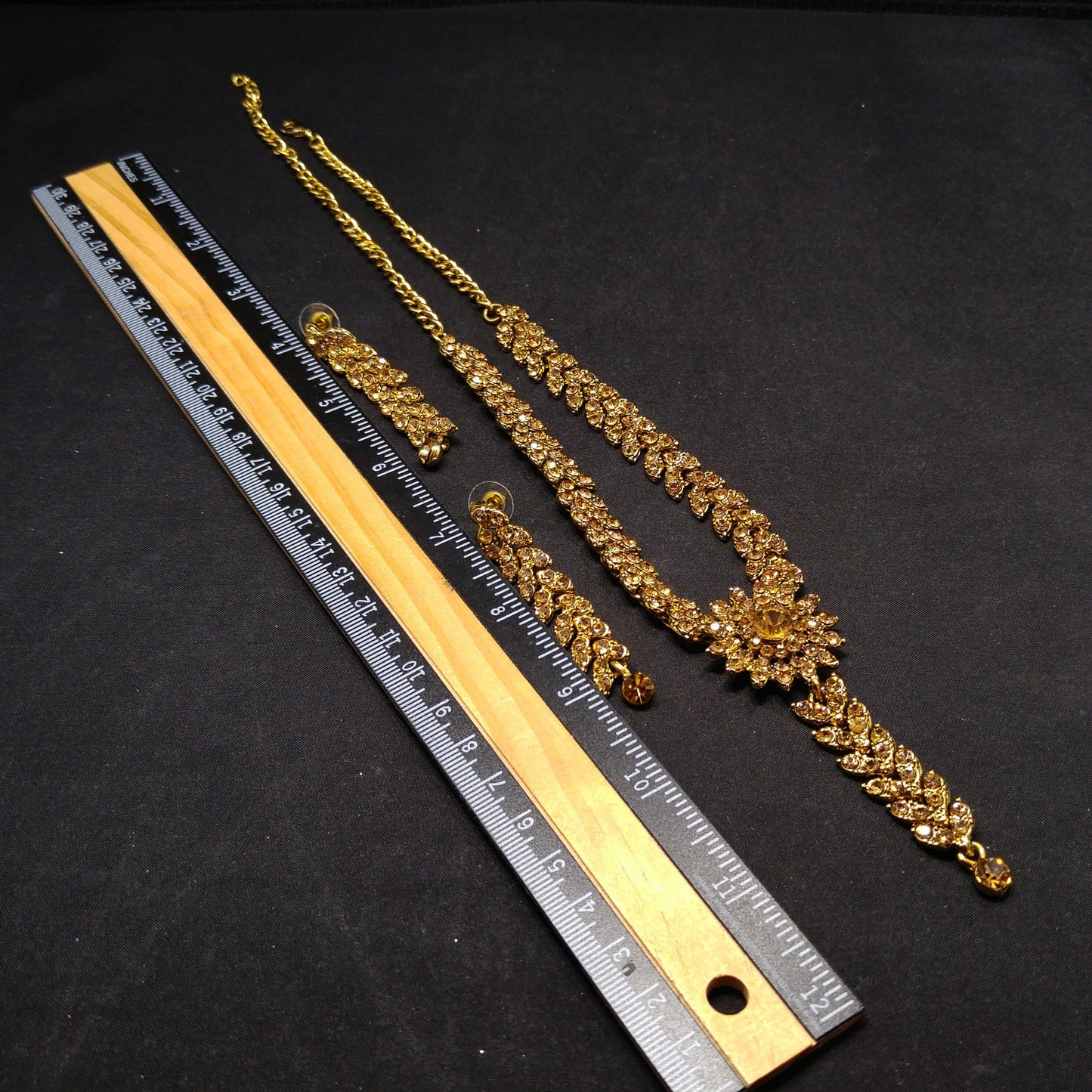 Light Topaz Rhinestone Necklace Post Earrings Set, Gold Plated, 1990s Vintage Jewelry