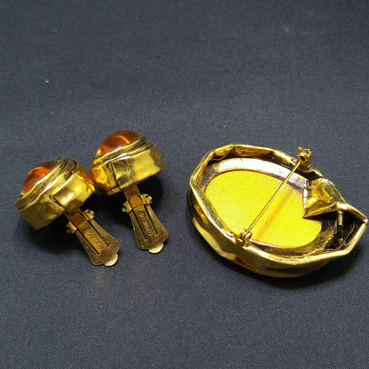Vintage Carnegie Modernist Brooch Earrings, Light Topaz Glass, 1950s Vintage Jewelry