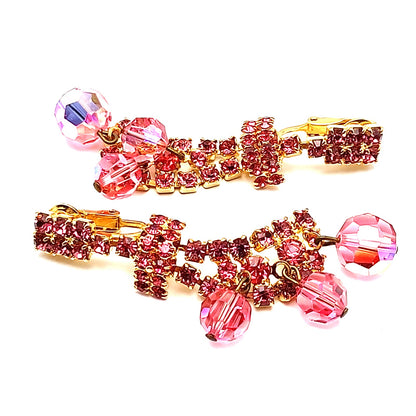 Vintage Pink Rhinestone Crystal Drop Clip On Earrings