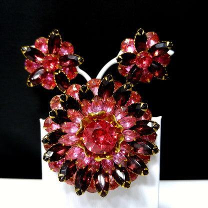 Vintage Celebrity Pink Purple Brooch & Earrings, 22K Gold Plated, 1940s