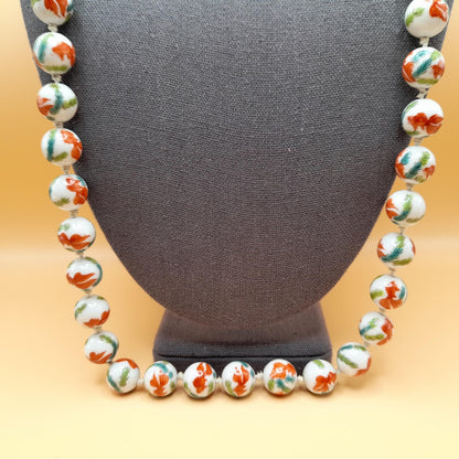 Hand Painted Koi Fish Bead Necklace, Ceramic Hand Knotted Vintage