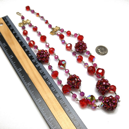 Vendome Red Crystal Necklace, Rhinestone Clusters, Two Strands, 1950s Vintage