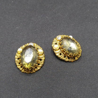 West Germany Gray Green Clip Earrings, Clear Glass & Faux Pearls, 1950s Vintage Jewelry