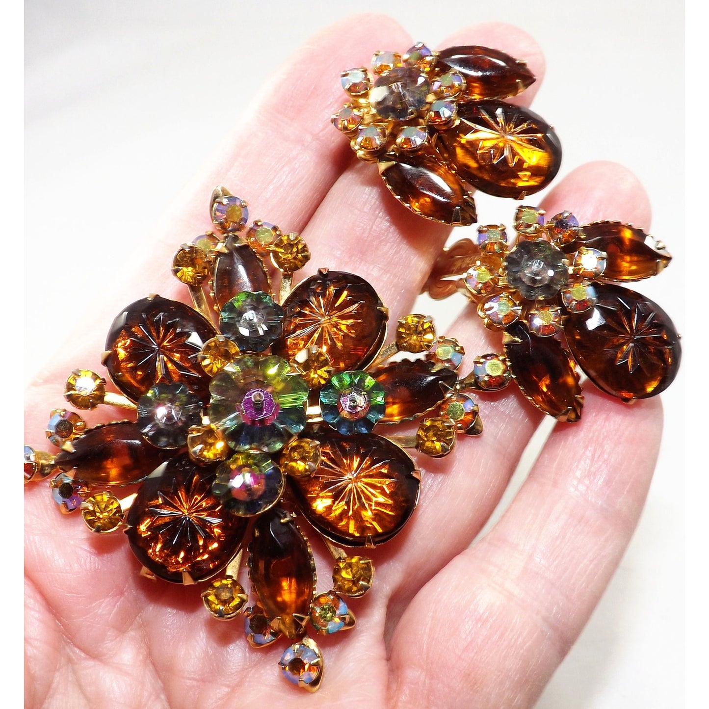 Vintage Beau Jewels Root Beer Molded Glass Watermelon Rhinestone Brooch Set