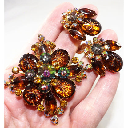 Vintage Beau Jewels Root Beer Molded Glass Watermelon Rhinestone Brooch Set