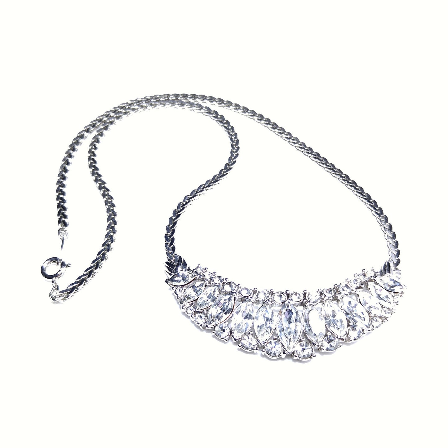 Trifari TM Clear Rhinestone Frontal Necklace, Silver Tone, 1980s Vintage Jewelry