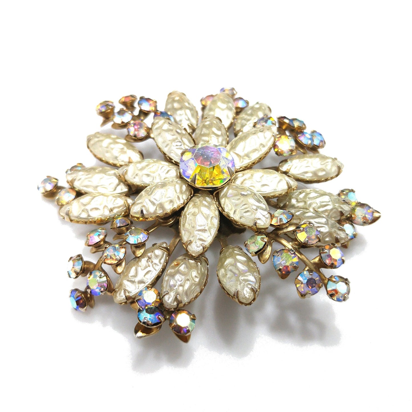 Large Flower Pearled Lava Glass Brooch, Aurora Borealis Rhinestones, 1950s Vintage Jewelry