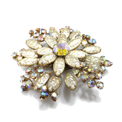 Large Flower Pearled Lava Glass Brooch, Aurora Borealis Rhinestones, 1950s Vintage Jewelry