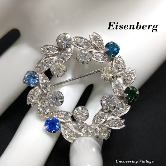 Eisenberg Rhinestone Wreath Brooch, Rhodium Plated, 1950s Vintage Jewelry