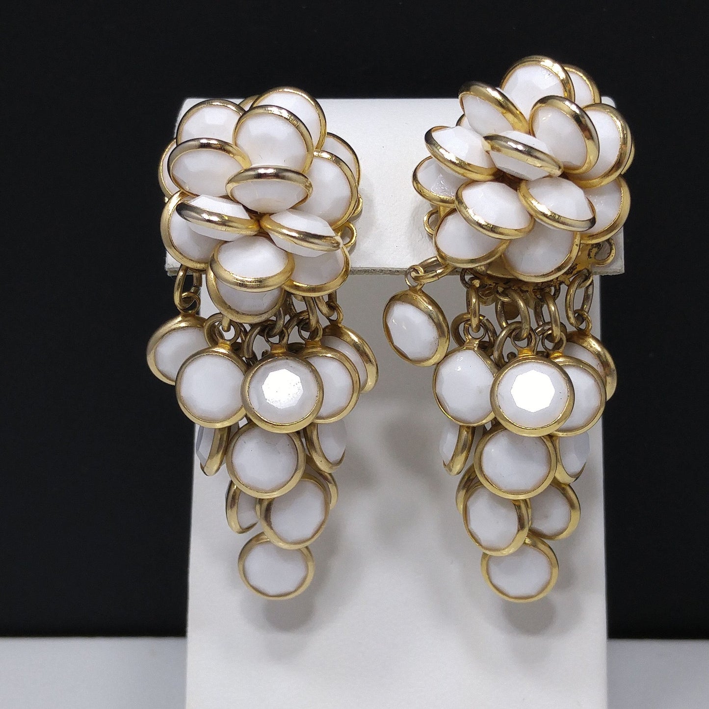 Vintage Sorrelli White Crystal Cluster Clip Earrings 1990s Gold Tone Signed