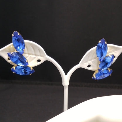 Vintage Royal Light Blue Rhinestone Brooch Earring Set, Gold Plated, 1960s Vintage Jewelry