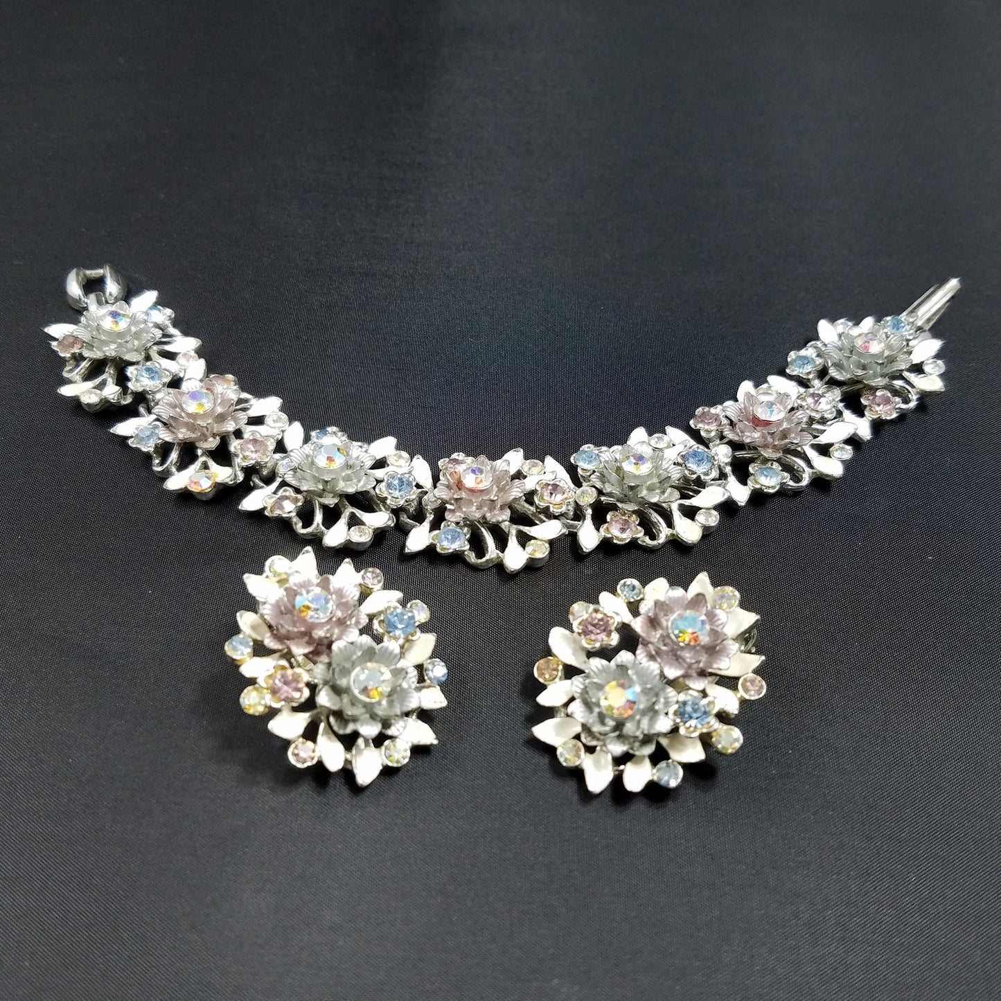 Vintage BSK White Enamel Floral Bracelet Earrings Set Pink Blue AB Rhinestones