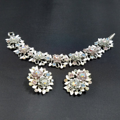 Vintage BSK White Enamel Floral Bracelet Earrings Set Pink Blue AB Rhinestones
