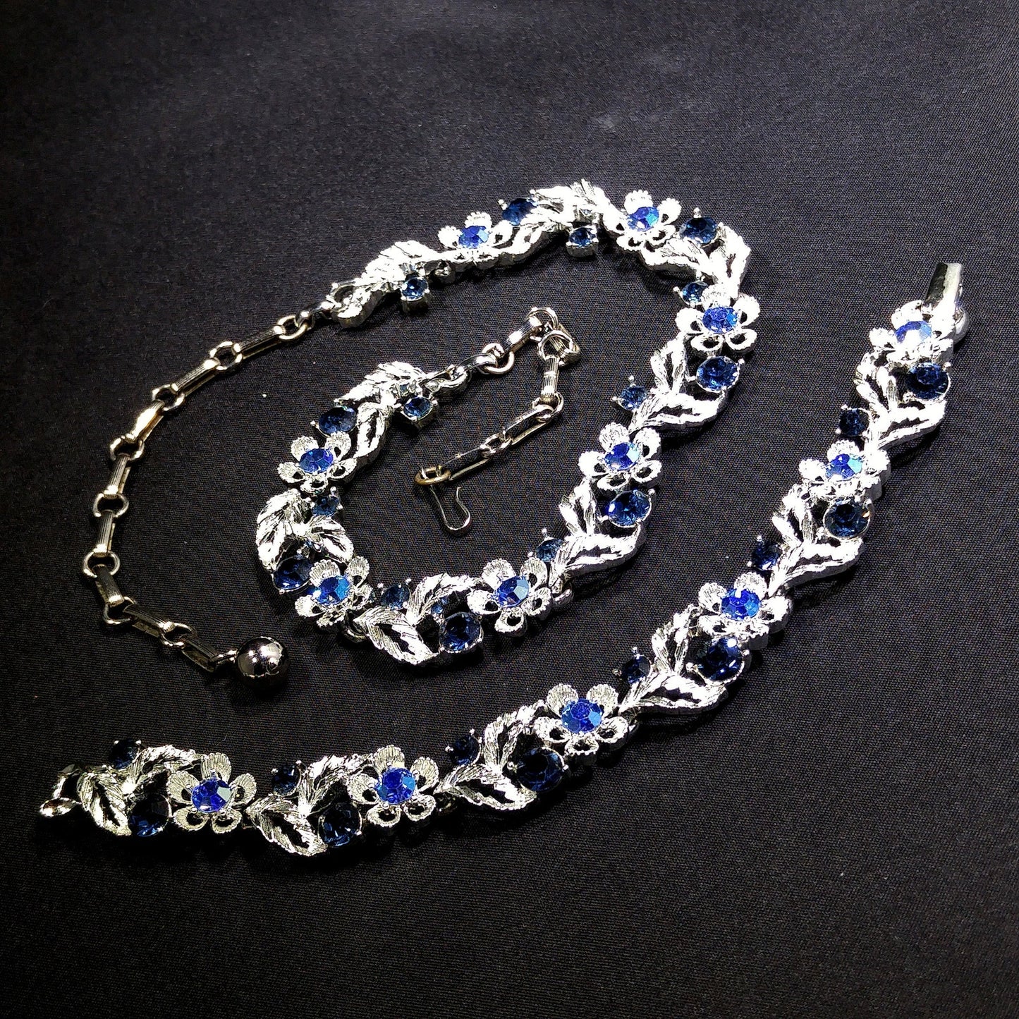 Lisner Blue Necklace & Bracelet Set, Rhodium Plated, Aurora Borealis, 1960s Vintage Jewelry
