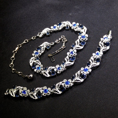 Lisner Blue Necklace & Bracelet Set, Rhodium Plated, Aurora Borealis, 1960s Vintage Jewelry