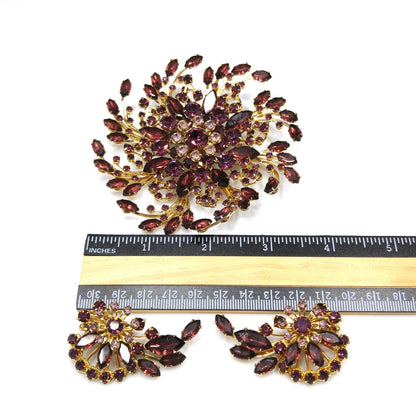 Mid-century Large Purple Rhinestone Brooch & Earrings, Floral Design, 1950s Vintage Jewelry