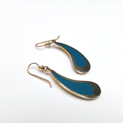 Vintage Laurel Burch Turquoise Drop Earrings, Curved Teardrop, Gold Plated