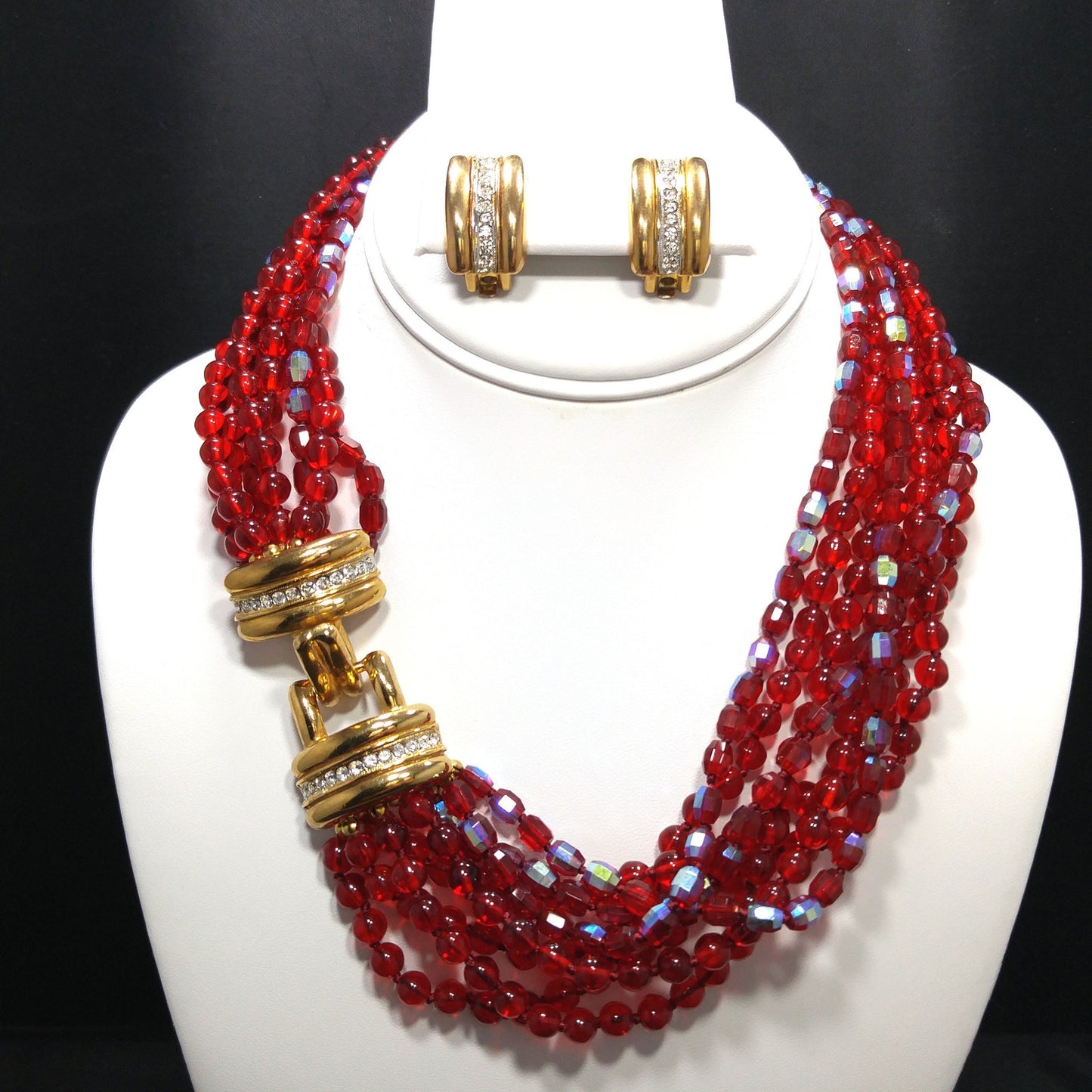 Vintage Stannard Red Glass Bead Necklace Earrings Set Gold Rhinestone Clasp 1970s