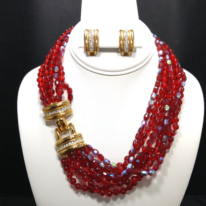 Vintage Stannard Red Glass Bead Necklace Earrings Set Gold Rhinestone Clasp 1970s