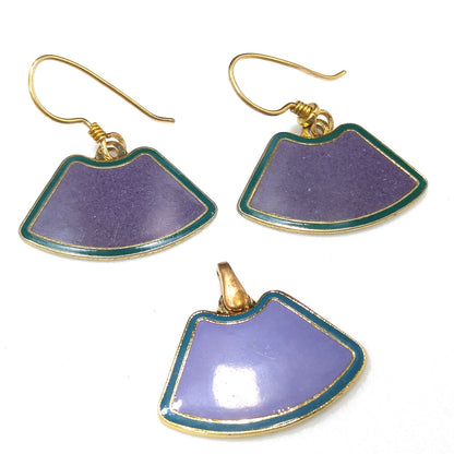 Laurel Burch Purple & Teal Earrings Pendant, Cloisonné Enamel, Gold Plated, 1980s Vintage Jewelry