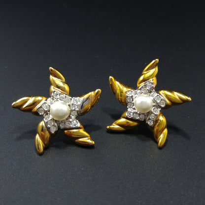 Krementz Gold Plated Starfish Earrings, Faux Pearls, 1970s Vintage Jewelry