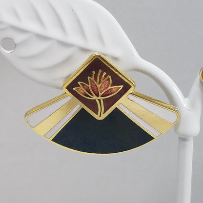 Vintage Laurel Burch WATER LILY Fan Gold Cloisonne Earrings, Gold Filled Posts