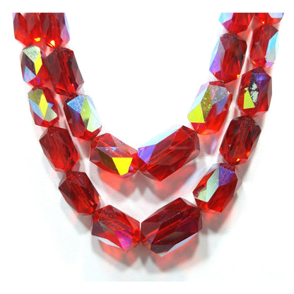 Red Aurora Borealis Graduated Beaded Two Strand Necklace on Chain, 1970s Vintage Jewelry