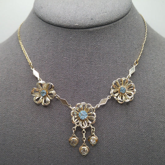 Mid-Century Floral Necklace, Light Blue Rhinestones, Gold Plated, 1950s Vintage Jewelry