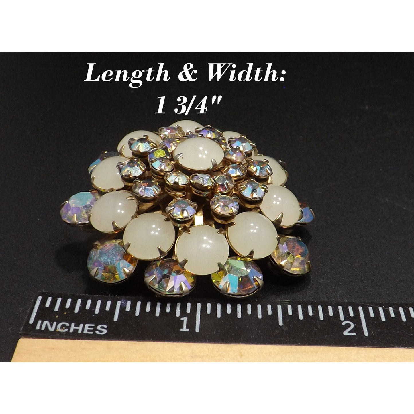 Aurora Borealis Domed Floral Brooch, Riveted Construction, 1950s Vintage Jewelry
