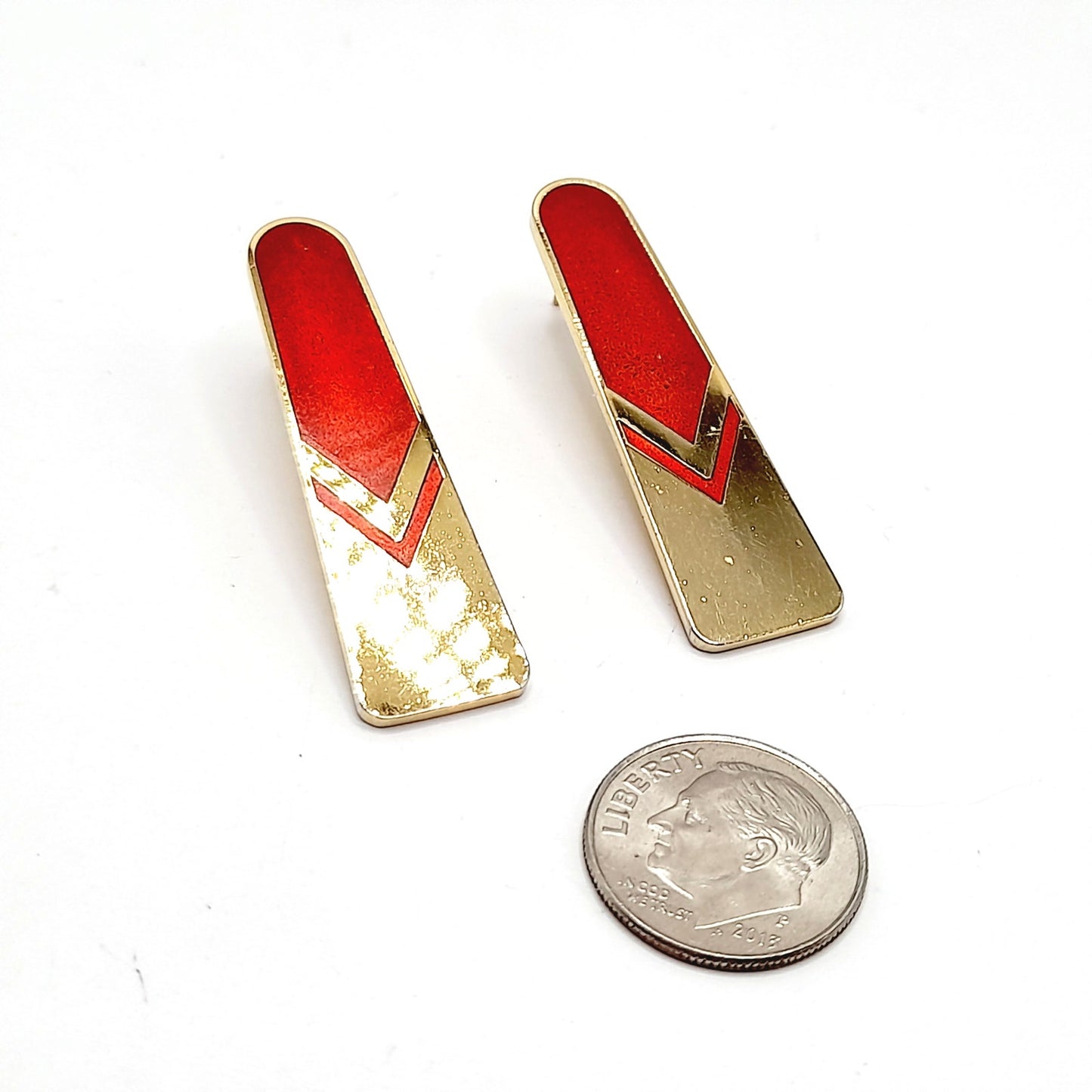 Vintage Laurel Burch Gold Red Chevron Post Earrings, 1980s, Gold Plated