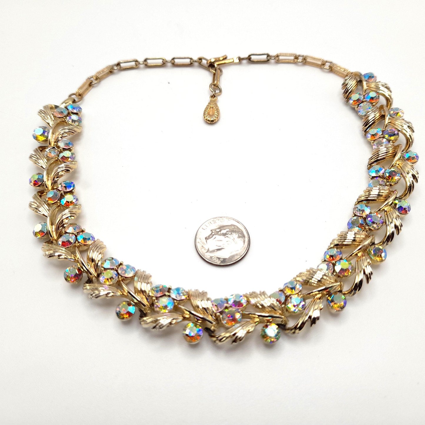 Vintage Lisner Aurora Borealis Rhinestone Choker Necklace, Gold Tone, 1950s