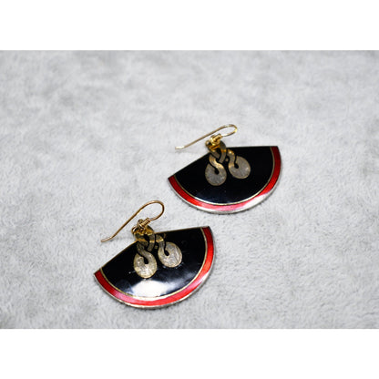 Laurel Burch Large Fan Love Knot Earrings, Cloisonne Gold Plated, Enamel Red Black, 1980s Vintage Jewelry