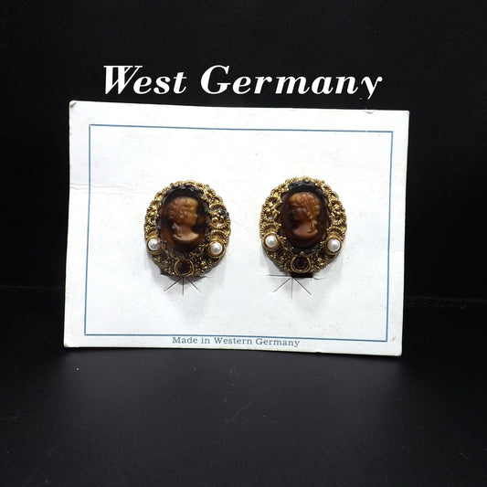 West Germany Cameo Clip Earrings, Original Card, Faux Pearls, 1950s Vintage Jewelry