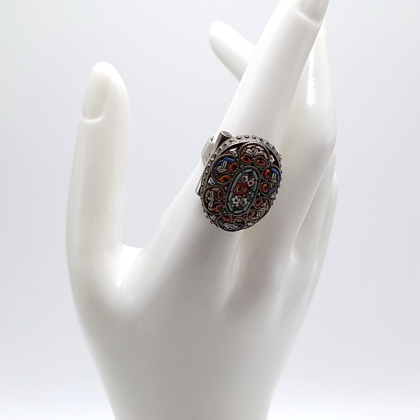 Vintage Micro Mosaic Poison Ring, Stamped Mexico, US Size 7 Adjustable