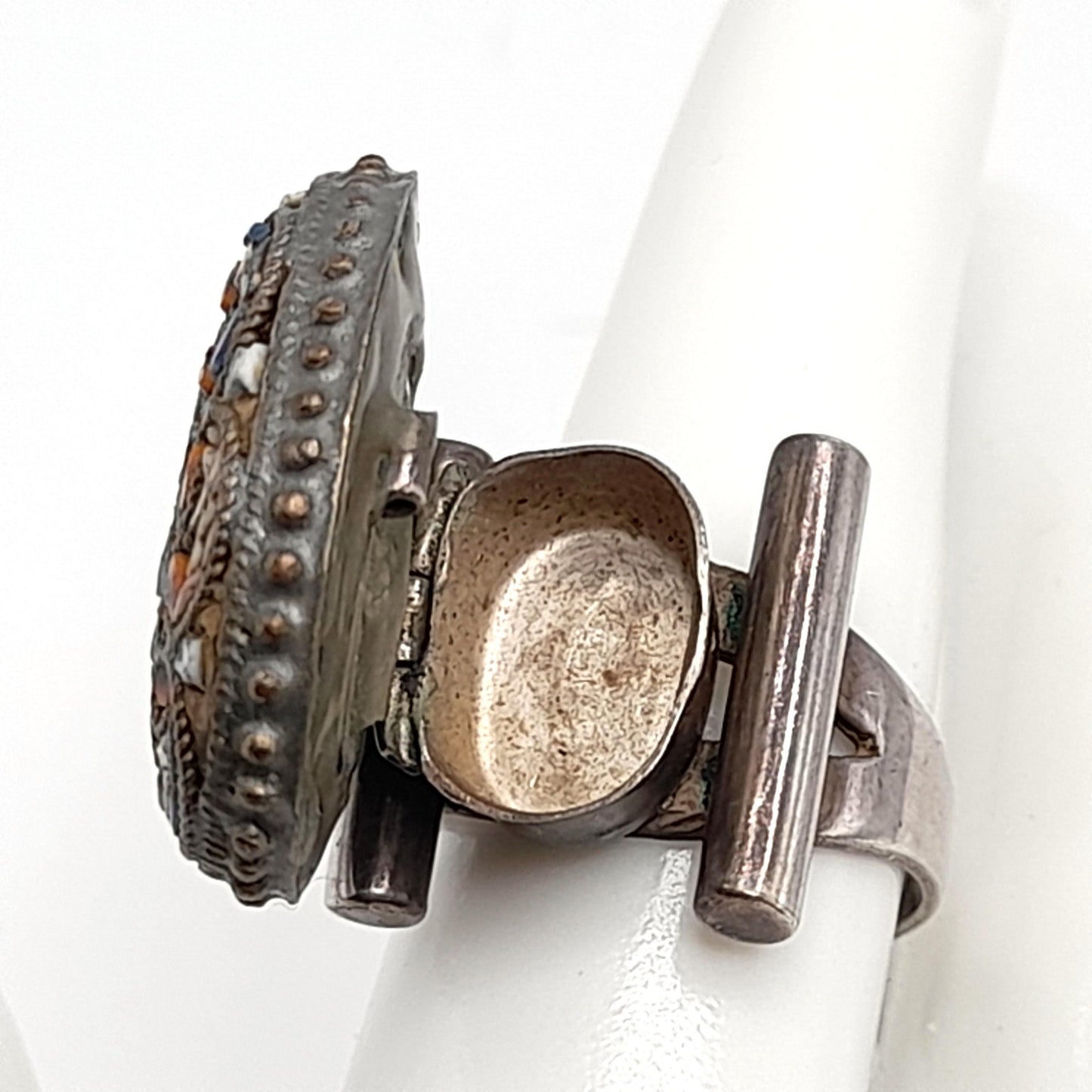 Vintage Micro Mosaic Poison Ring, Stamped Mexico, US Size 7 Adjustable