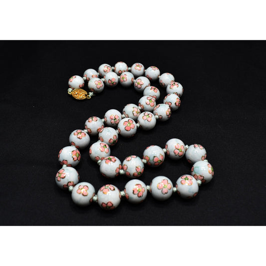 Vintage Chinese Hand Knotted Beaded Necklace, Hand Painted Pink Flowers