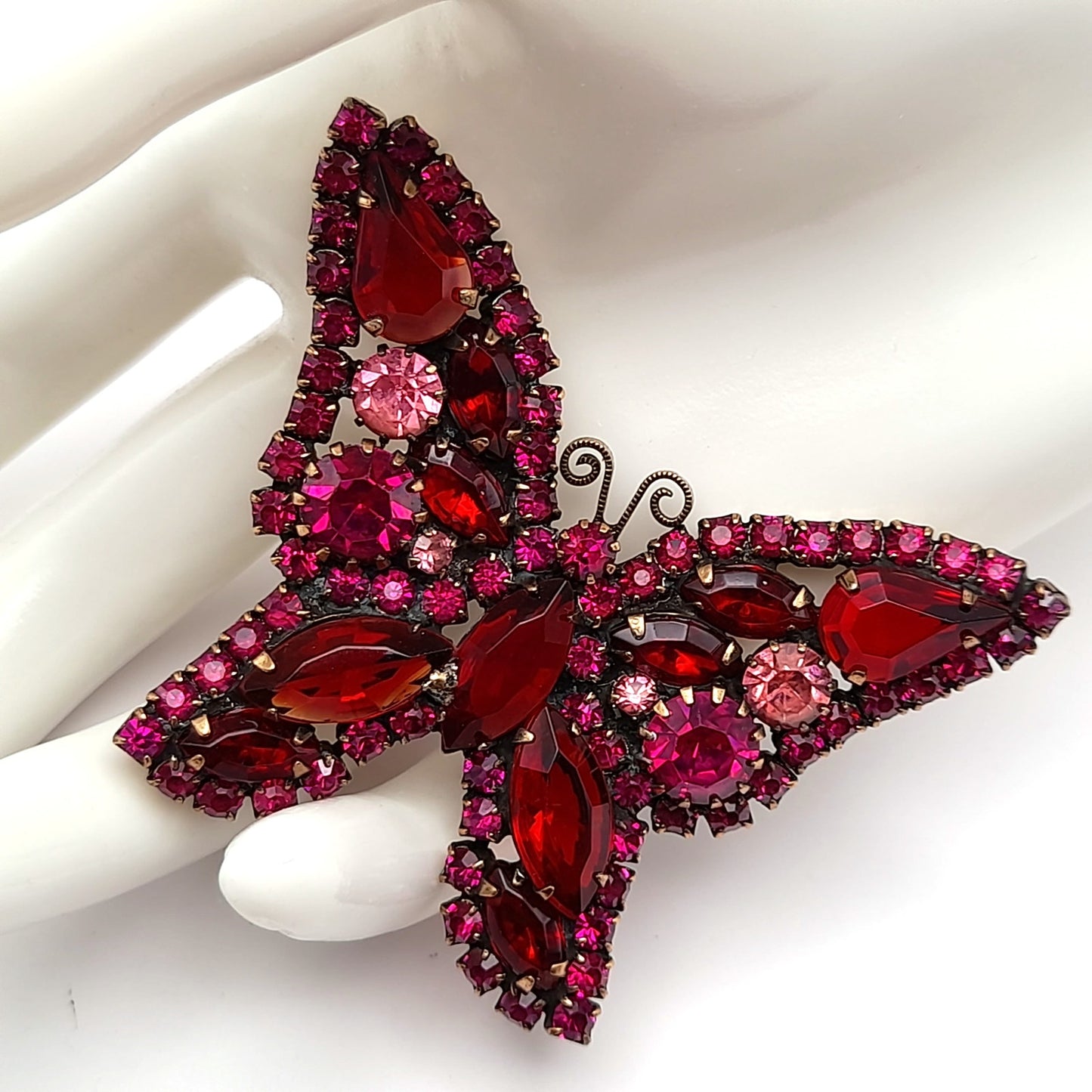 Vintage WEISS Red Pink Rhinestone Butterfly Brooch