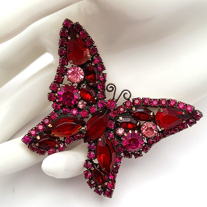 Vintage WEISS Red Pink Rhinestone Butterfly Brooch