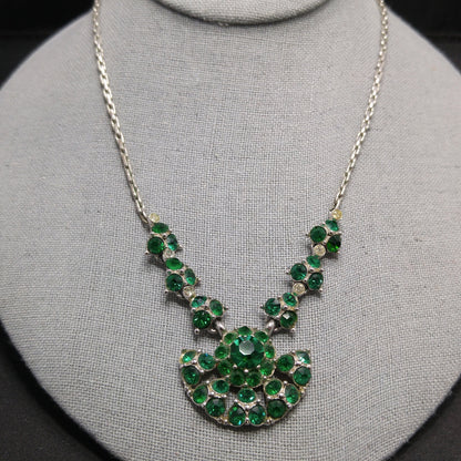 Bogoff Green Rhinestone Pendant Choker Necklace, Rhodium Plated, 1940s Vintage Jewelry