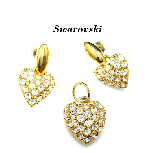 Swarovski Swan Logo Heart Earrings & Pendant Set, Gold Plate, Clear Pave Crystal